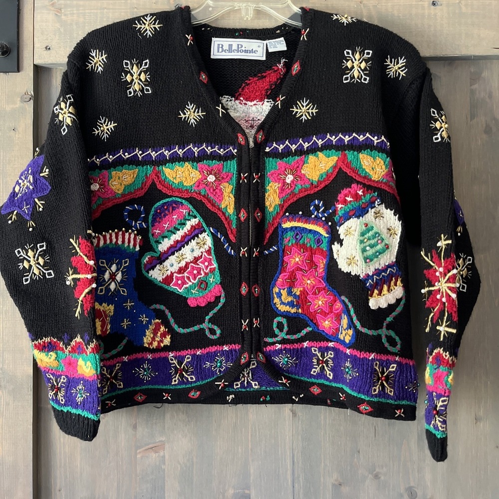 Vintage Belle Pointe Ugly Christmas Sweater Beaded Embroidered Colorful Sz Small